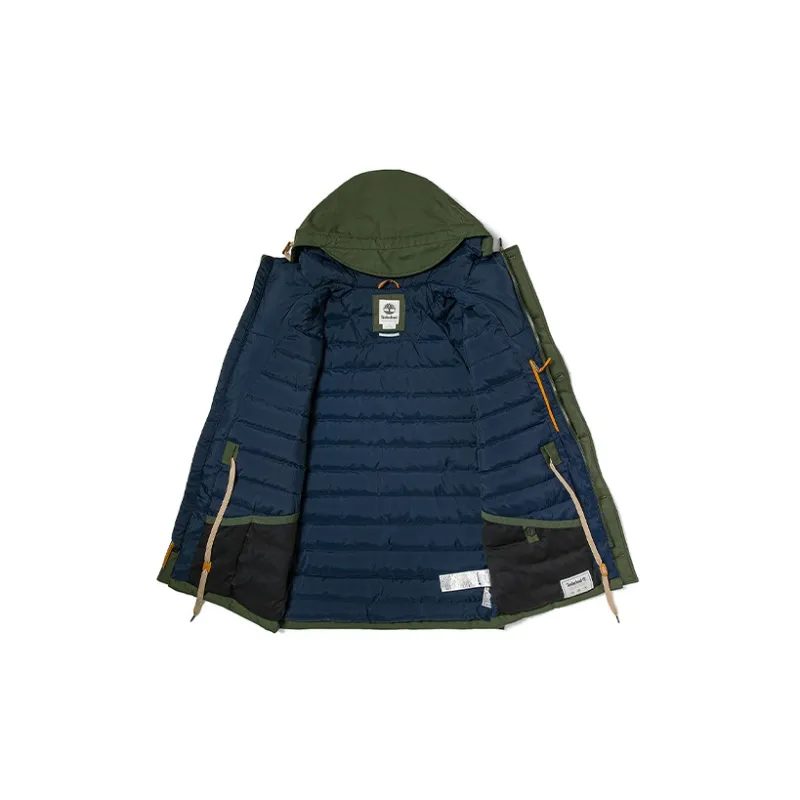 Timberland Solid Color Geometric Pattern Hooded Thickened Mid Length Down Jacket Men's Green-2