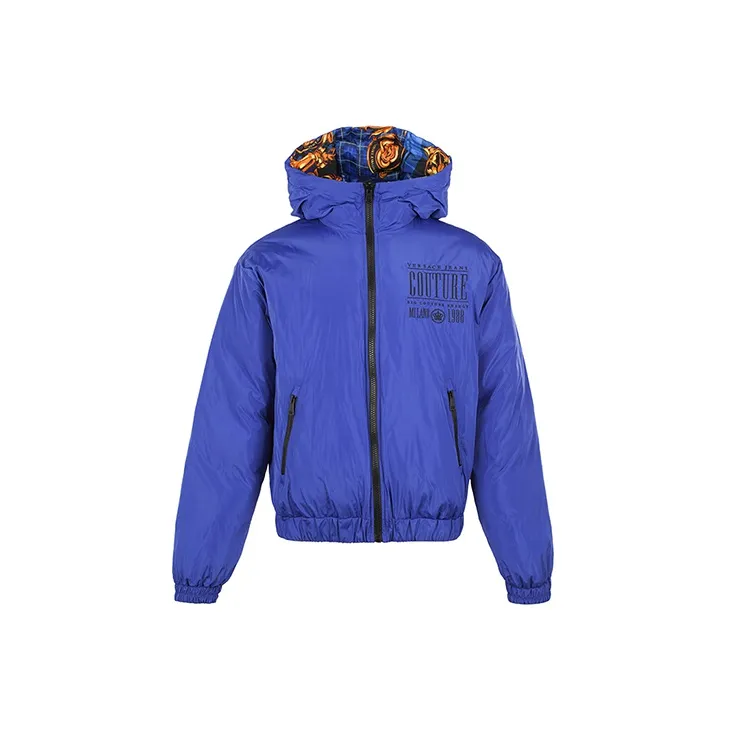 VERSACE Abstract Pattern Solid Color Hooded Down Jacket Men's Blue-1
