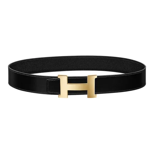 HERMES Iconic Buckle Leather Belts Unisex Black Width  3.8cm