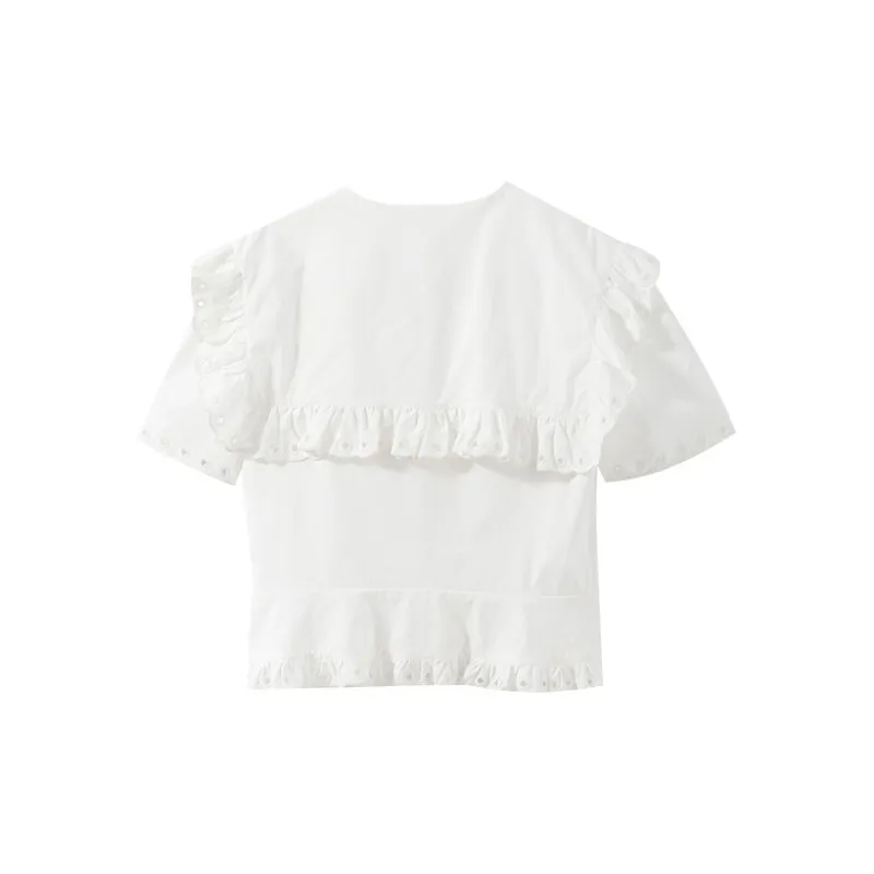 YUMOMO STAR Lapel Loose Fit Short Sleeved Shirt Women's Simple White-1