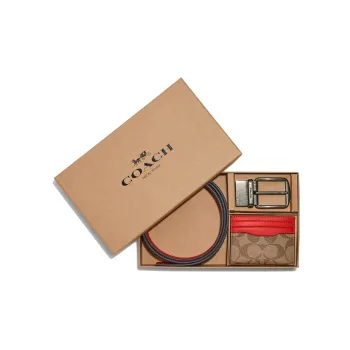 COACH Boxed Coated Canvas With Refined Calfskin Card Holder Men's Khaki, Orange, Red