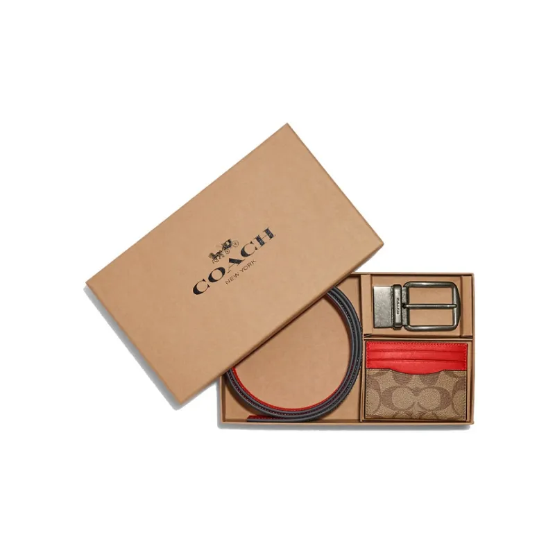 COACH Boxed Coated Canvas With Refined Calfskin Card Holder Men's Khaki, Orange, Red-0