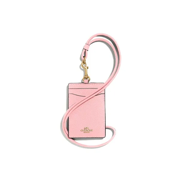 COACH Lanyard Cross-Stitch Leather Card Sleeve Card Holder Small Size Women's Pink-0