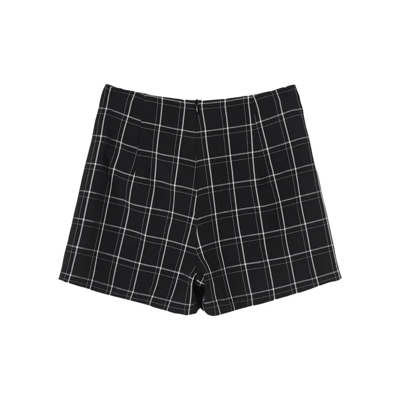 MEETLADY Casual Shorts Women's Black Plaid-1