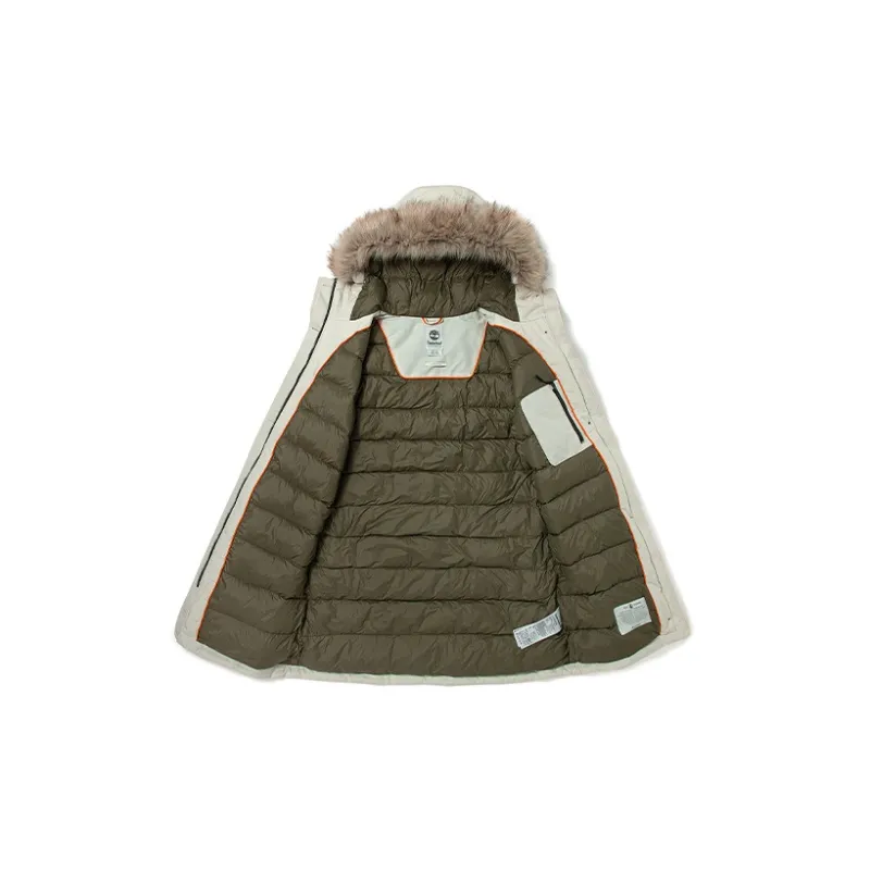 Timberland Letter Hooded Mid Length Puffer Jacket Women's White Sand-2