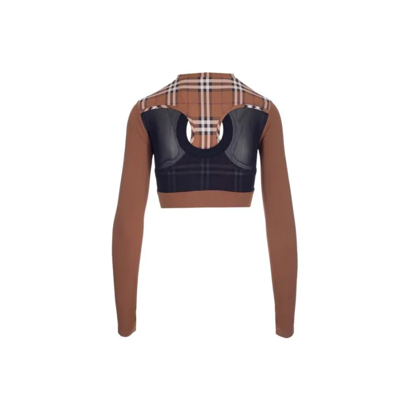 Burberry Checked Stretch Jersey Cropped Top Brown-1