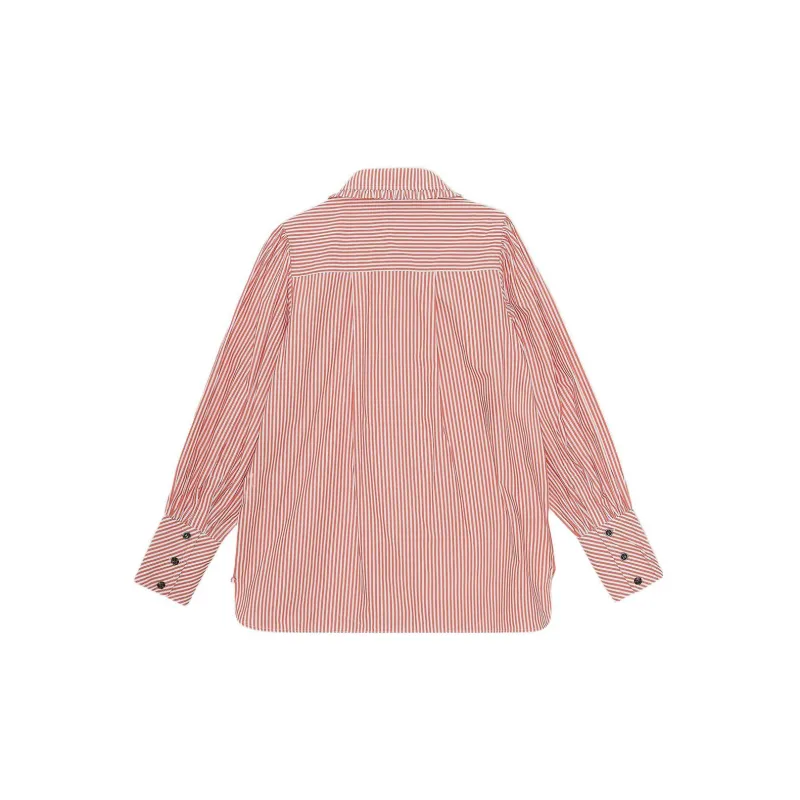 GANNI Stripe Cotton Long Collar Puff Sleeve Shirt 'Orangedotcom'-1