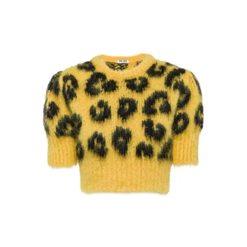 MIU MIU Women's Leopard Knit Cropped Wool Sweater Yellow