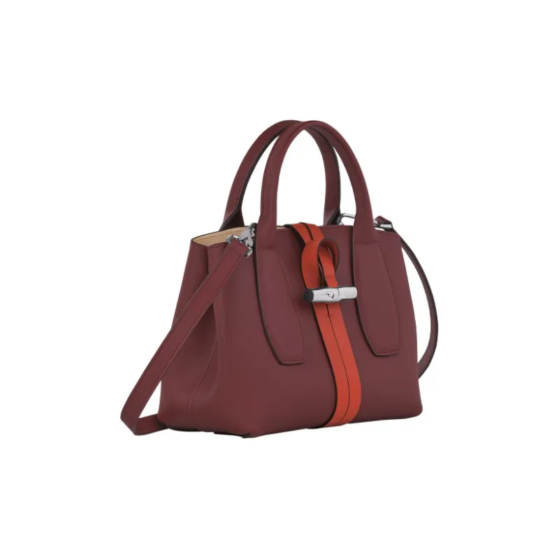 LONGCHAMP Roseau Crocodile-Embossed Calfskin Big Bag Handbag Small Size Women's Red Brown & Orange-1