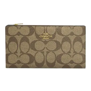 COACH Double Zip Wallet Coated Canvas With Leather Multiple Card Slots Snap Closure Clutch Wallet Unisex Khaki