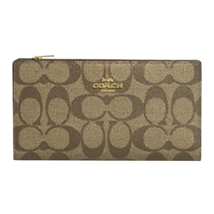 COACH Double Zip Wallet Coated Canvas With Leather Multiple Card Slots Snap Closure Clutch Wallet Unisex Khaki-0
