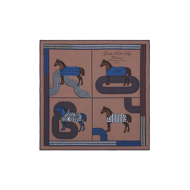 HERMES Pop Style Horse Charm Detail Silk Scarves Women's Ice Brown/Marine Blue/White-0
