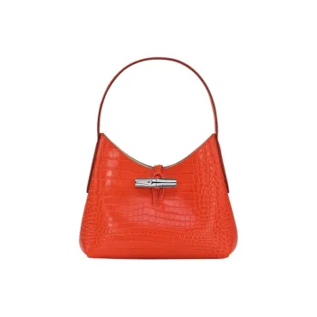 LONGCHAMP Roseau Crocodile Pattern Cow Leather Big Bag Shoulder Bag Women's Orange