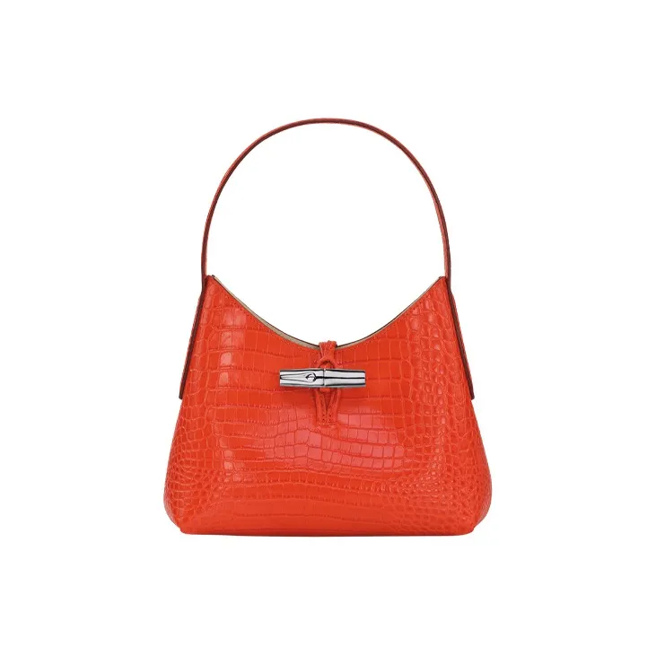 LONGCHAMP Roseau Crocodile Pattern Cow Leather Big Bag Shoulder Bag Women's Orange-0