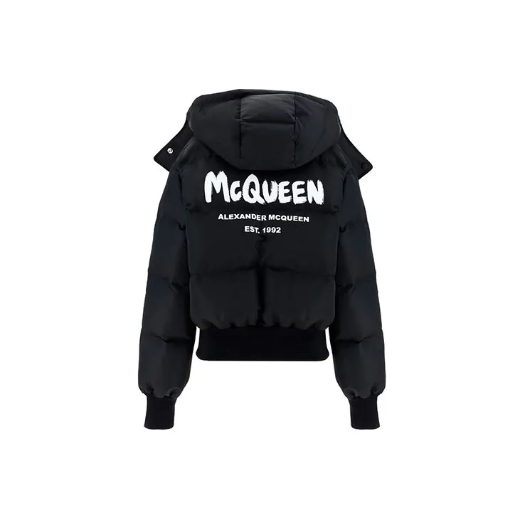 Alexander McQueen SS22 Letter Solid Color Hooded Loose Fit Cropped Puffer Jacket Women's Black-1