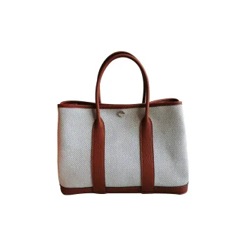 HERMES Garden Party Canvas With Leather Garden Bag Handbag Women's Beige/Blue/Copper Red