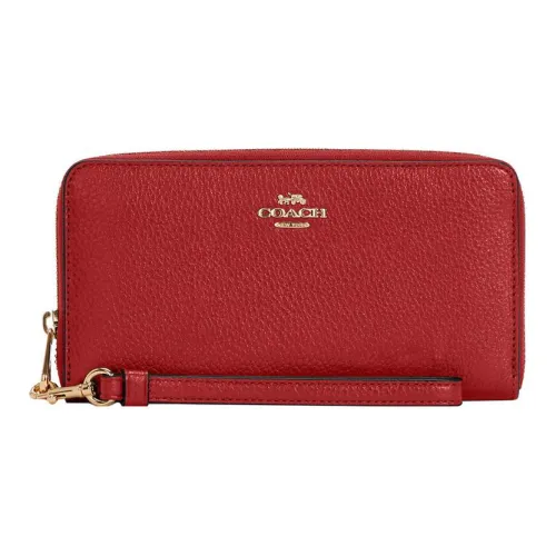 COACH Zip Around Leather Clutch Wrist Bag Wallet Women's Red
