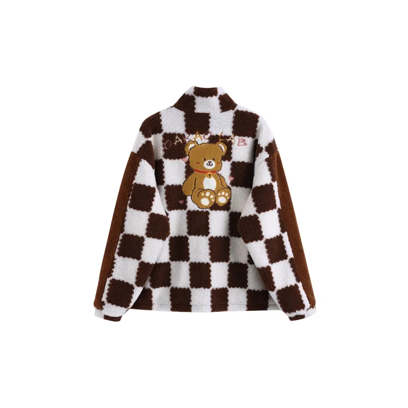 OAKAO Plaid Stand Collar Loose Fit Moderate Puffer Jacket Unisex Brown-1