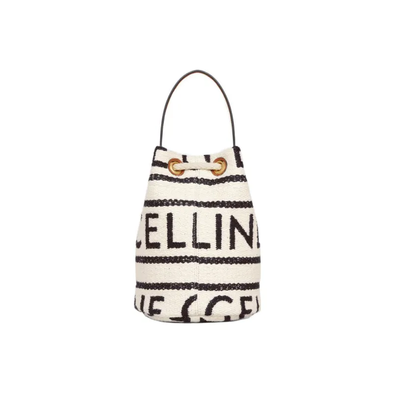 CELINE Calfskin Bucket Bags One Shoulder Handbags Regular Women's White Black-4