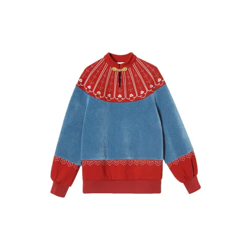 JK&JS Sweatshirts Women's Blue And Red Color Blocking