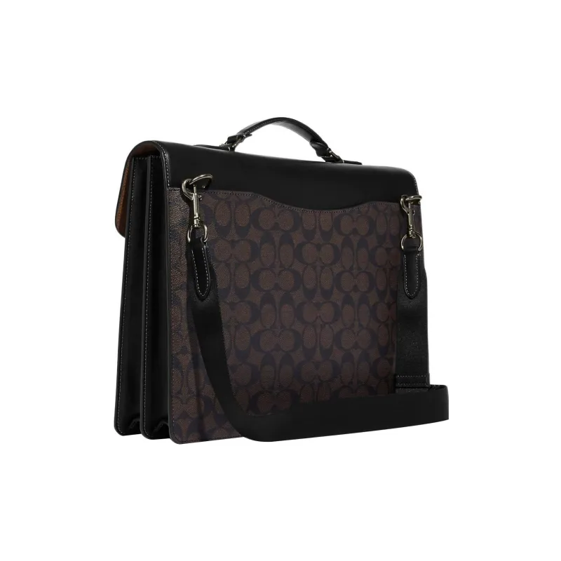 COACH Graham Coated Canvas With Calfskin Handbag Briefcase Tubas Men's Black & Dark Khaki-1