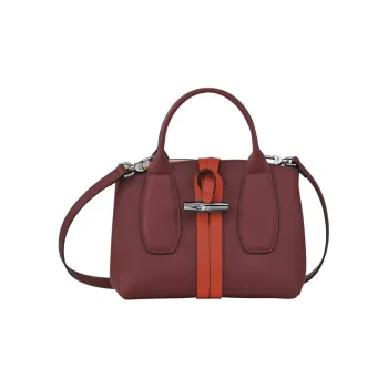 LONGCHAMP Roseau Crocodile-Embossed Calfskin Big Bag Handbag Small Size Women's Red Brown & Orange