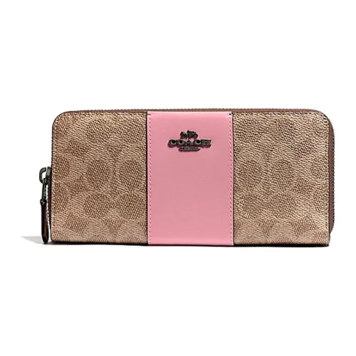 COACH Accordion Zip Wallet Classic Monogram Coated Canvas With Leather Wallet Clutch Women's Khaki Brown & Pink