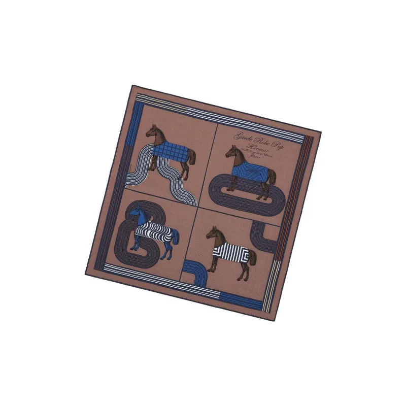 HERMES Pop Style Horse Charm Detail Silk Scarves Women's Ice Brown/Marine Blue/White-1