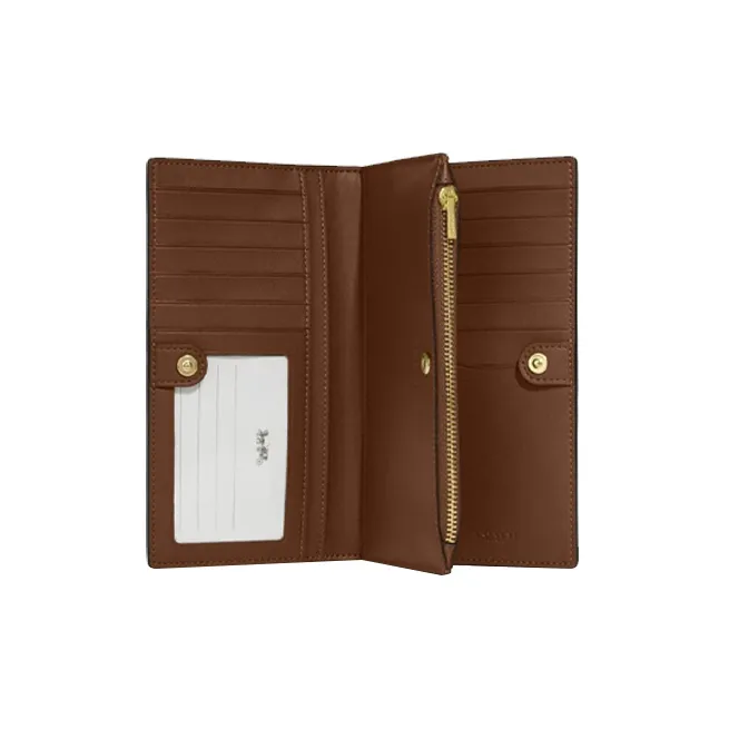 COACH Double Zip Wallet Coated Canvas With Leather Multiple Card Slots Snap Closure Clutch Wallet Unisex Khaki-3