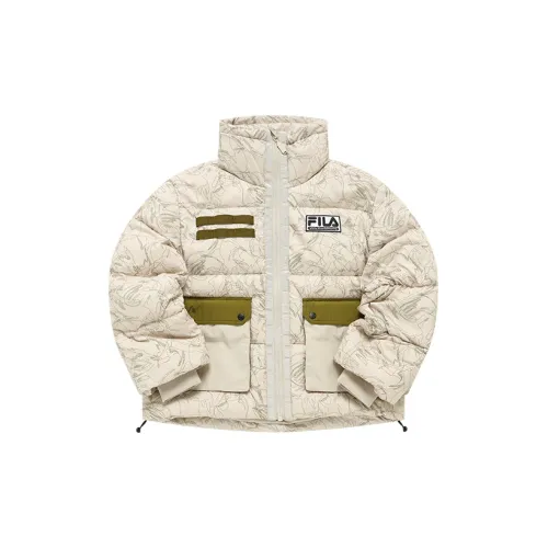 White Mountaineering FILA FUSION Hakusan L Collaboration Collection Down Jackets Women's Earth-Colored Camouflage Thread