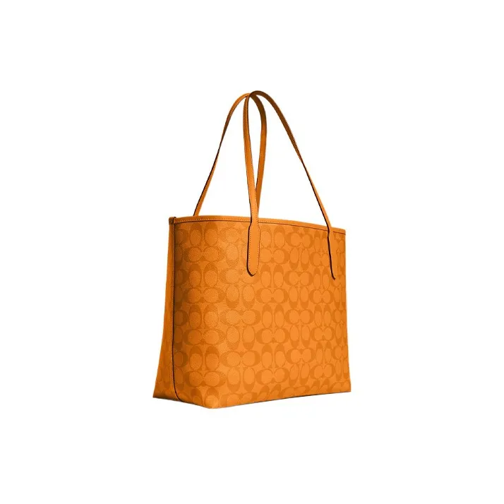 COACH Canvas With Leather Tote Bag Shopping Bag Handbag Shoulder Bags Large Size Women's Light Orange-1