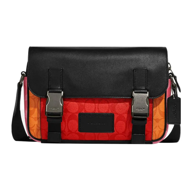 COACH Track Coated Canvas With Leather Shoulder Bag, Crossbody Bag Tubas Unisex Black & Orange-0