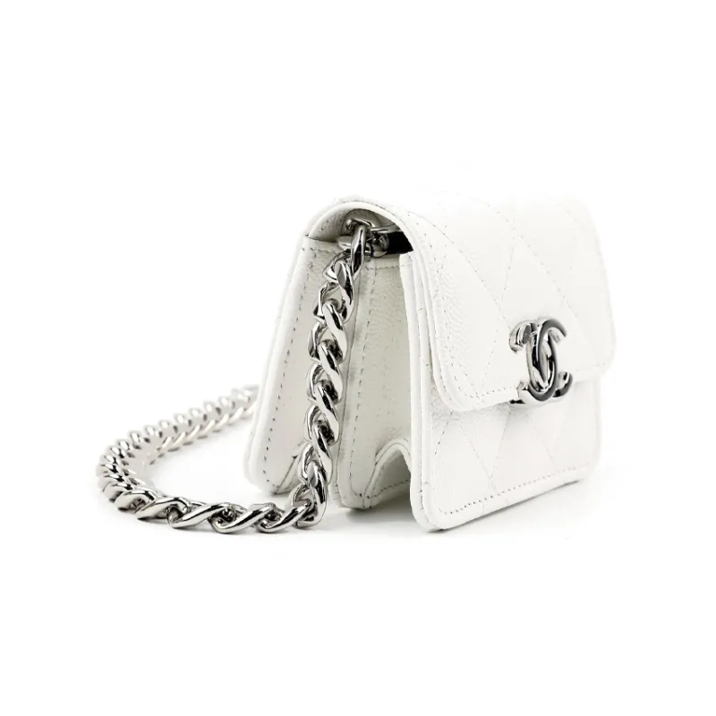 CHANEL Shiny Grain Embossed Calfskin One Shoulder Crossbody Clutch Women's White-1