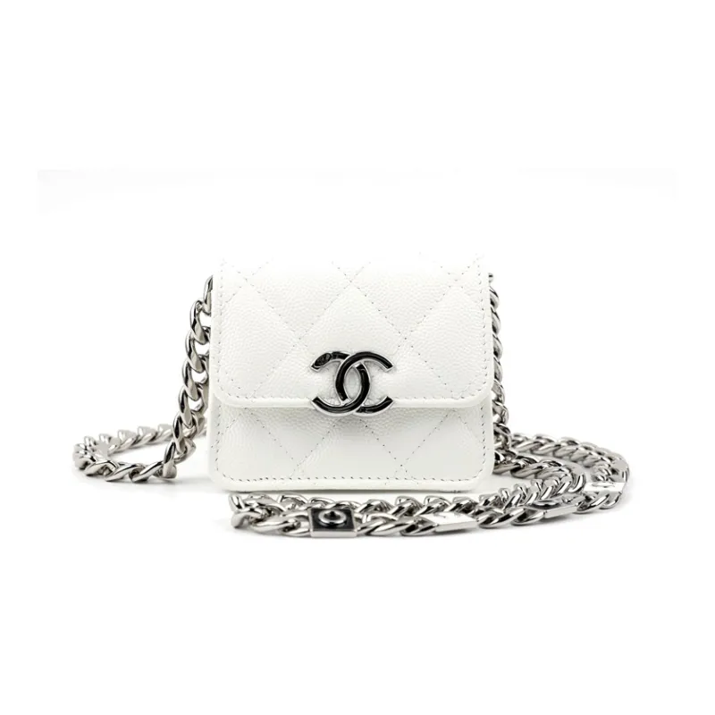 CHANEL Shiny Grain Embossed Calfskin One Shoulder Crossbody Clutch Women's White-0