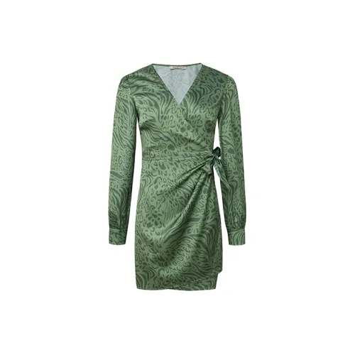 Amyenjoylife Long-Sleeved Dresses Women's Green Print