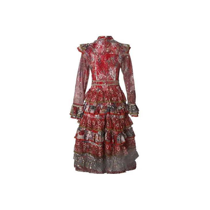 JINYE ORIENTAL Crew Neck Fitted Long Sleeved Dress Women's Red-1