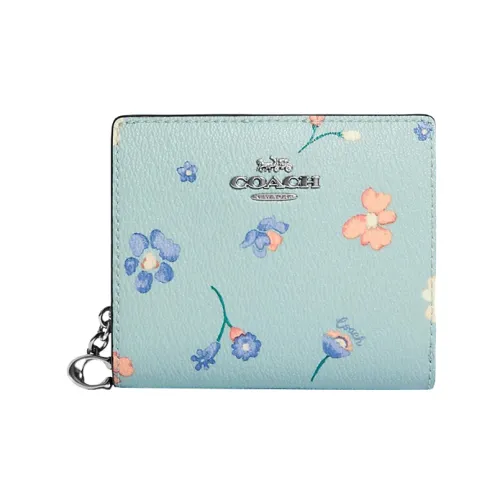 COACH Snap Wallet Coated Canvas With Leather Short Wallets Mini Women's Light Blue-Green