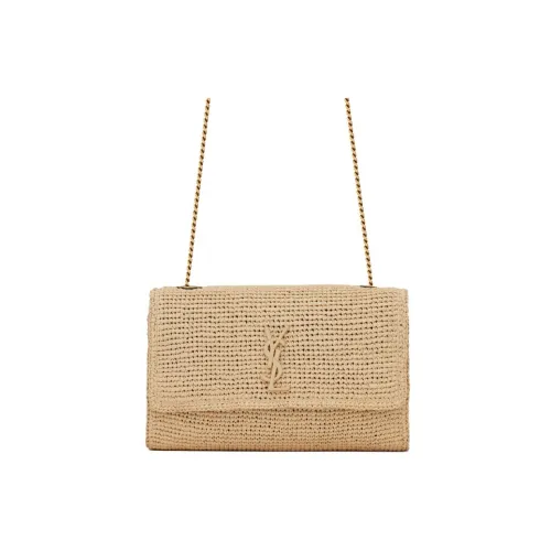 SAINT LAURENT KATE Raffia Mixed Leather Chain Bag Shoulder Bag Crossbody Bag Medium Size Women's Beige
