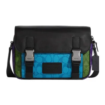 COACH Track Cow Leather Patchwork Messenger Bag, Shoulder Bag, Crossbody Bag Tubas Unisex Black & Blue