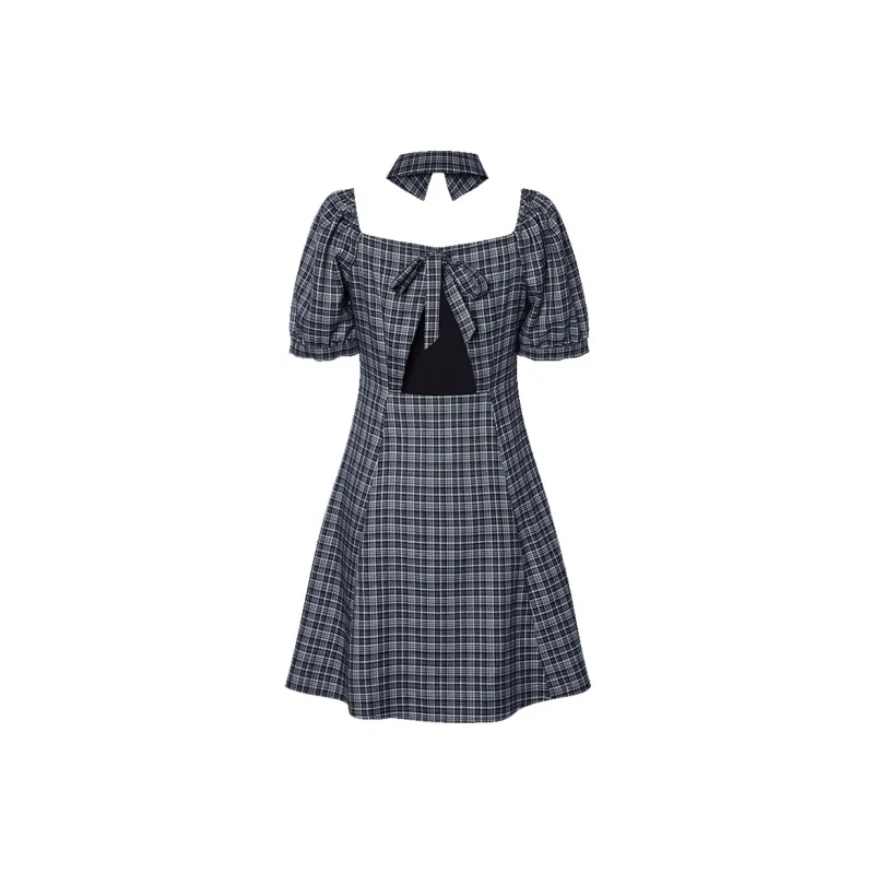 I'M ONE Short Sleeved Dresses Women's Black Gray Plaid-1