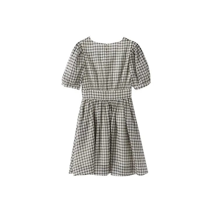 YUMOMO STAR Short Sleeved Dresses Women's Apricot With Black Plaid-1