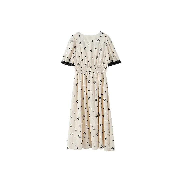YUMOMO STAR Short Sleeved Dresses Women's Beige With Black Floral-1