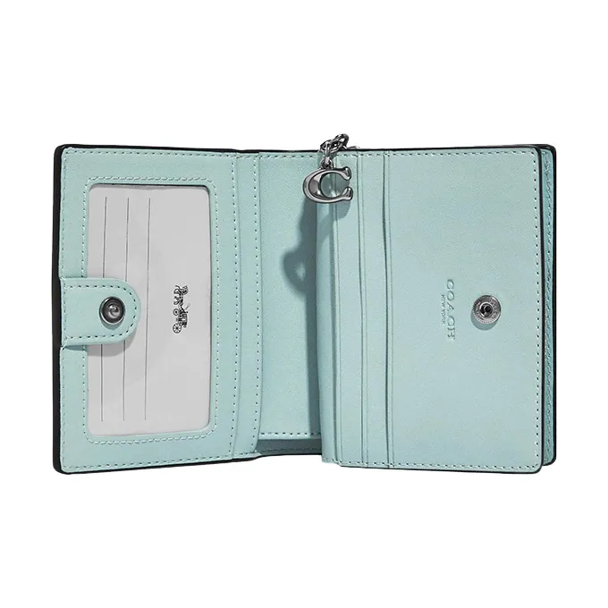 COACH Snap Wallet Coated Canvas With Leather Short Wallets Mini Women's Light Blue-Green-1