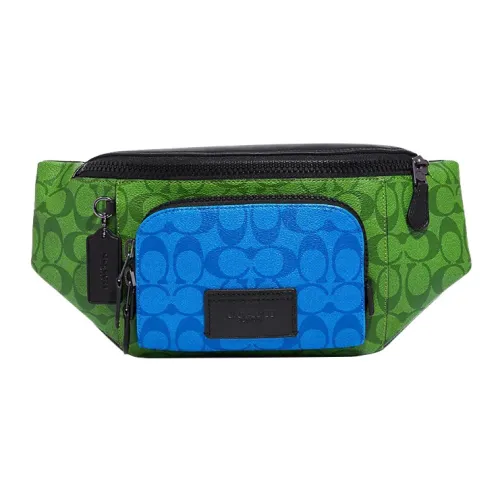 COACH Track Coated Canvas With Calfskin Crossbody Bag Sling Bag Fanny Pack Large Size Men's Green & Blue