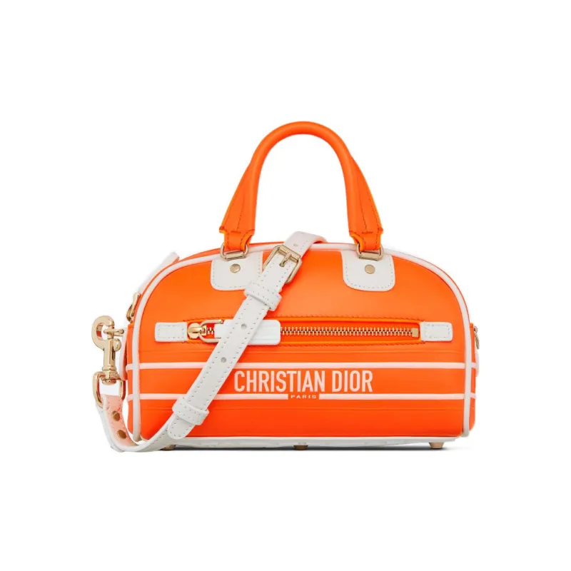 DIOR Smooth Cow Leather Bowling Bag, Handbag, Shoulder Bag, Crossbody Bag Mini Women's Neon Orange/White-0