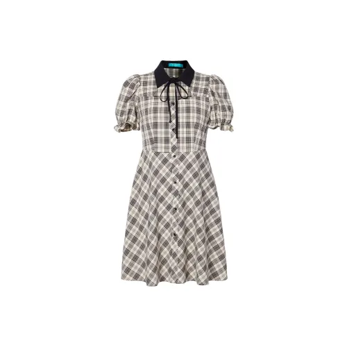 I'M ONE Short-Sleeved Dresses Women's Coffee-Colored Plaid