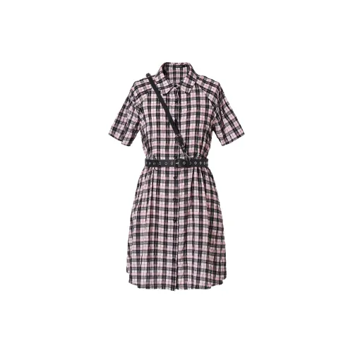 MEETLADY Short-Sleeved Dresses Women's Purple Pink Plaid