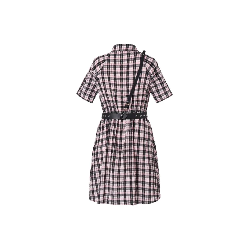 MEETLADY Short Sleeved Dresses Women's Purple And Pink Plaid-1