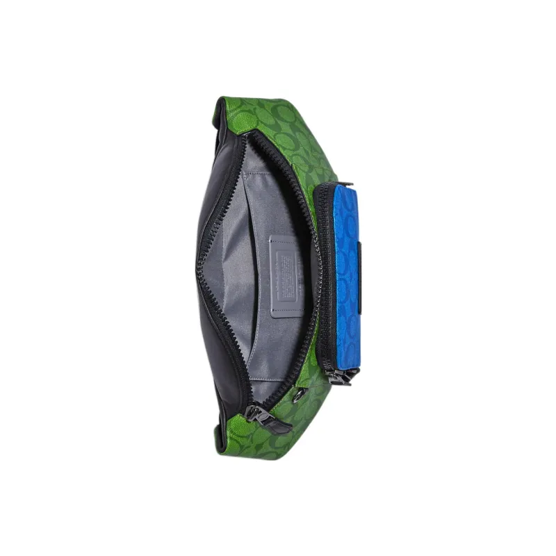COACH Track Coated Canvas With Calfskin Crossbody Bag Sling Bag Fanny Pack Large Size Men's Green & Blue-3