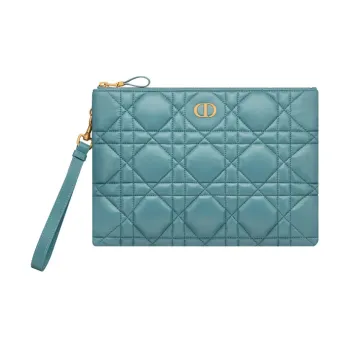 DIOR Caro Cow Leather Clutch Large Size Women's Sky Blue